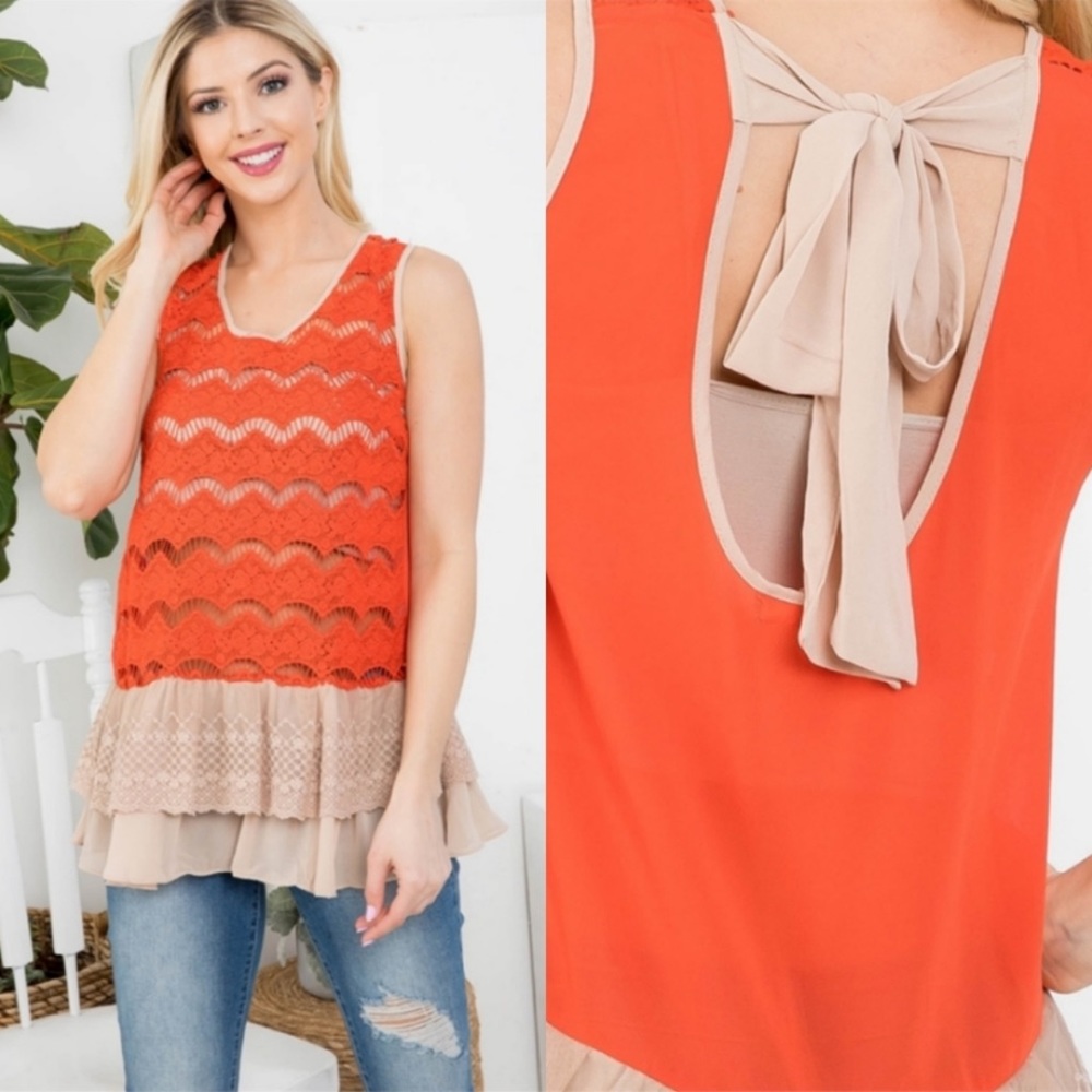 B63❤️RYU handmade stunning tomato colored tunic top w/tie in back + lace detsils